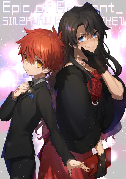 Anime picture 1000x1414 with fate (series) fate/grand order fujimaru ritsuka (female) fujimaru ritsuka (male) gojou shinra long hair tall image looking at viewer blush fringe short hair blue eyes black hair smile hair between eyes standing orange hair sparkle orange eyes tears