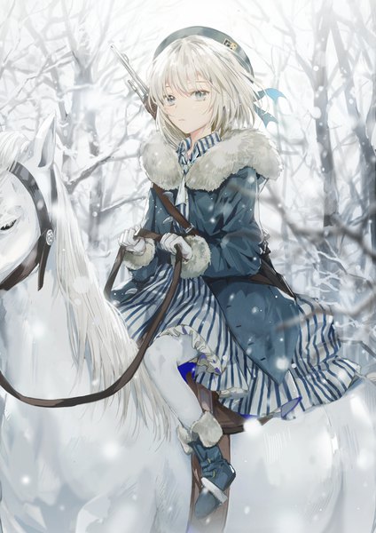 Anime picture 740x1047 with original dangmill single tall image looking at viewer fringe short hair sitting holding silver hair outdoors long sleeves open clothes grey eyes fur trim light snowing winter snow striped