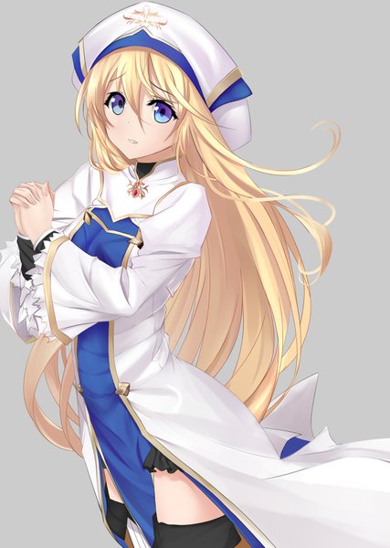 Anime picture 2291x3222 with goblin slayer! priestess (goblin slayer!) yanagi ni maboroshi sakura single long hair tall image looking at viewer fringe highres blue eyes blonde hair hair between eyes hands clasped interlocked fingers nun praying girl dress skirt hat