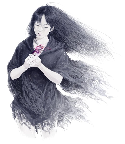 Anime picture 1500x1729 with original sakkan (artist) long hair tall image fringe black hair simple background white background holding eyes closed lips pale skin girl flower (flowers) cape