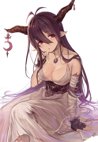 Anime picture 763x1100 with granblue fantasy danua tamaext single long hair tall image breasts light erotic simple background hair between eyes red eyes large breasts white background sitting looking away cleavage ahoge multicolored hair horn (horns) pointy ears