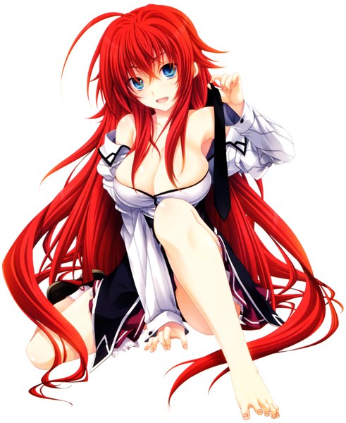 Anime picture 5209x6359 with highschool dxd rias gremory miyama zero single tall image looking at viewer blush fringe highres breasts open mouth blue eyes light erotic simple background smile large breasts sitting bare shoulders absurdres cleavage