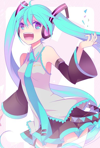 Anime picture 1181x1748 with vocaloid hatsune miku temari (deae) single long hair tall image looking at viewer blush open mouth twintails bare shoulders aqua eyes aqua hair girl thighhighs detached sleeves necktie headphones