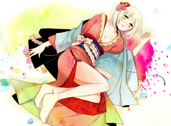 Anime picture 1160x860 with ao no exorcist a-1 pictures moriyama shiemi ami7 single blush short hair light erotic simple background blonde hair green eyes lying traditional clothes japanese clothes hair flower wallpaper girl hair ornament flower (flowers) socks