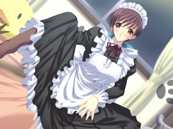 Anime picture 1024x768 with happy harem script (game) short hair black hair red eyes game cg maid girl headdress maid headdress