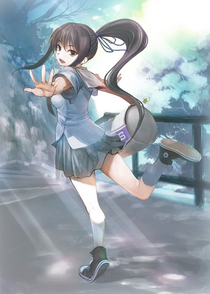 Anime picture 859x1200 with original hirokiku single long hair tall image open mouth black hair brown eyes ponytail girl skirt uniform school uniform socks