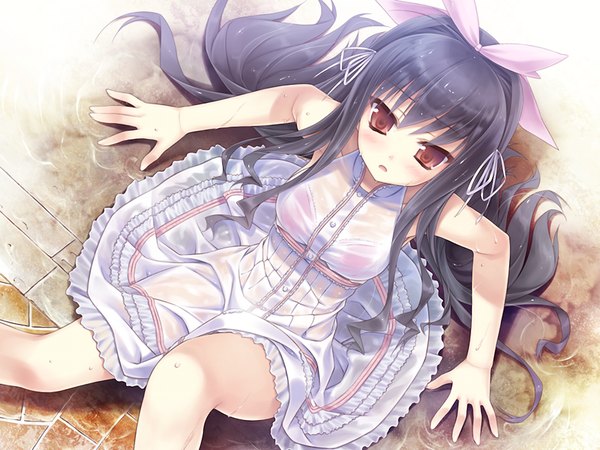 Anime picture 1024x768 with nadeshiko drip takachiho yuki single long hair black hair brown eyes game cg wet clothes girl dress bow hair bow white dress