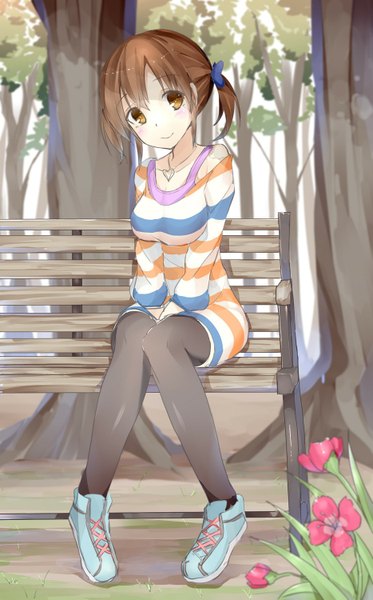 Anime picture 934x1500 with idolmaster cinderella girls totoki airi kuroito (snowflyer) single tall image short hair smile brown hair sitting twintails short twintails girl thighhighs flower (flowers) black thighhighs plant (plants) tree (trees) shoes sneakers bench