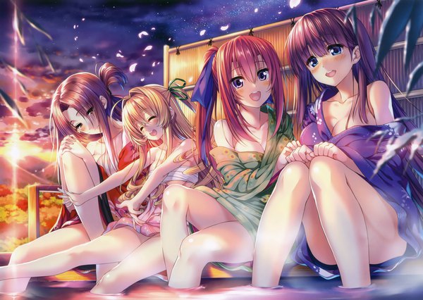 Anime picture 6592x4682 with original piromizu long hair blush fringe highres open mouth blue eyes light erotic blonde hair hair between eyes brown hair sitting purple eyes multiple girls brown eyes absurdres ponytail red hair eyes closed