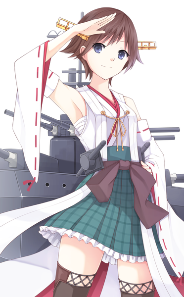 Anime picture 744x1200 with kantai collection hiei battleship he92 single tall image short hair blue eyes simple background brown hair white background bare shoulders nontraditional miko remodel (kantai collection) girl thighhighs skirt hair ornament weapon black thighhighs detached sleeves