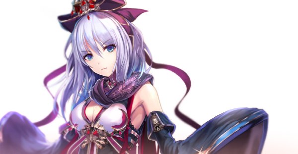 Anime picture 1200x622 with original jname single long hair looking at viewer fringe breasts blue eyes simple background wide image large breasts white background cleavage purple hair long sleeves wide sleeves armpit (armpits) girl hair ornament ribbon (ribbons)