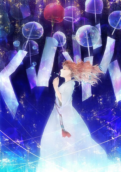 Anime picture 650x925 with original akemori kiko single long hair tall image fringe standing holding pink hair ahoge eyes closed profile wind wide sleeves wavy hair girl bell bubble (bubbles)