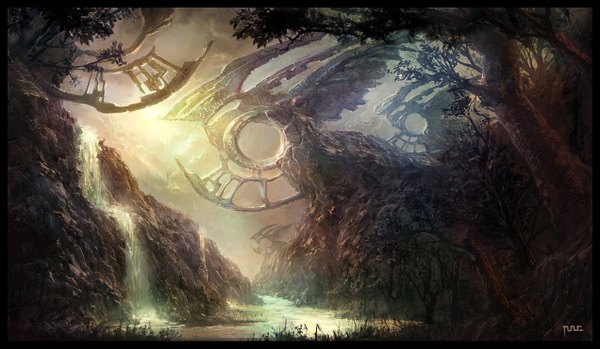 Anime picture 1272x741 with original moonworker1 seung jin woo wide image landscape fantasy river nature rock waterfall plant (plants) tree (trees) water forest