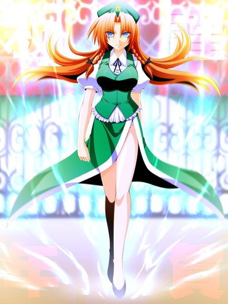 Anime picture 2133x2844 with touhou hong meiling engo (aquawatery) single long hair tall image highres blue eyes red hair braid (braids) twin braids glow angry aura gate girl dress skirt beret skirt set
