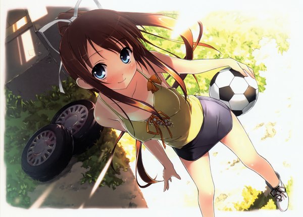 Anime picture 2848x2038 with natsu no ame miyazawa midori kantoku single long hair looking at viewer blush highres blue eyes smile brown hair bare shoulders ponytail sunlight bare legs football girl skirt hair ornament bow