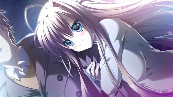 Anime picture 1280x720 with 12 no tsuki no eve unahara yuki long hair blue eyes blonde hair smile wide image game cg couple girl boy