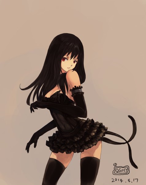 Anime picture 3374x4252 with original qghy single long hair tall image fringe highres breasts black hair red eyes standing looking away absurdres cleavage zettai ryouiki sleeveless transparent girl dress gloves