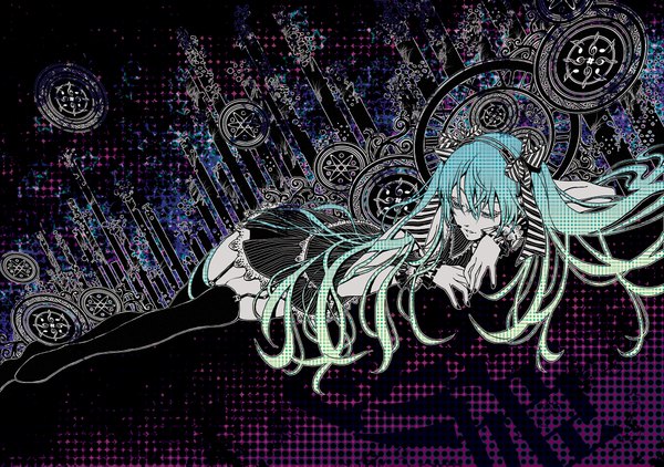 Anime picture 1972x1389 with vocaloid hatsune miku joy azuma highres girl thighhighs headphones