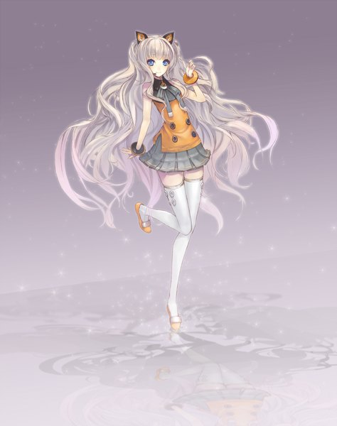 Anime picture 1762x2226 with vocaloid seeu mins (minevi) single long hair tall image highres blue eyes animal ears white hair cat ears grey background girl thighhighs white thighhighs bracelet