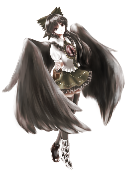 Anime picture 1260x1700 with touhou reiuji utsuho fuonon single tall image looking at viewer fringe short hair black hair simple background white background head tilt light smile black eyes arm behind head angel wings black wings angel arm cannon girl