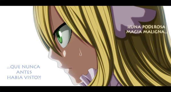 Anime picture 1024x552 with fairy tail mavis vermillion jbeenz single long hair blonde hair wide image white background green eyes profile inscription coloring letterboxed close-up face girl