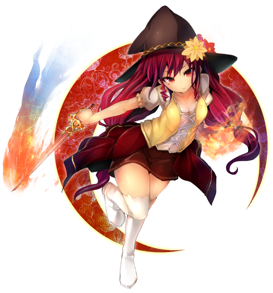 Anime picture 1118x1200 with yuuen monogatari elena (yuuen monogatari) tousen single tall image looking at viewer fringe red eyes white background twintails payot cleavage bent knee (knees) red hair very long hair :o low twintails magic girl skirt