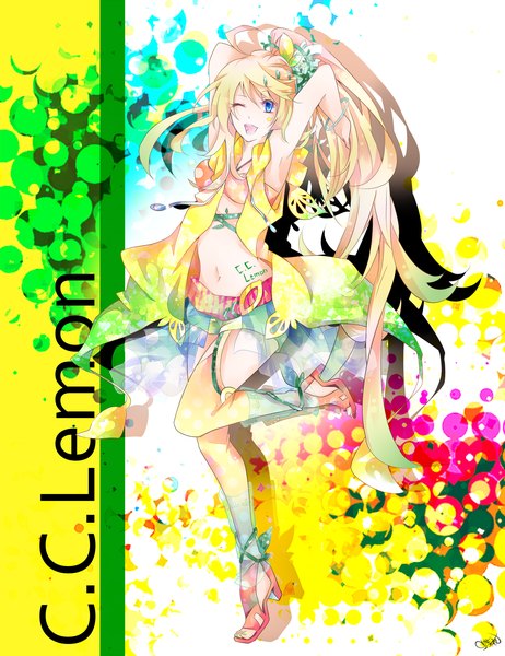 Anime picture 1540x2000 with original c.c. lemon c.c. lemon (character) tyouya single tall image fringe highres breasts open mouth blue eyes blonde hair smile signed ponytail very long hair one eye closed open clothes tattoo girl