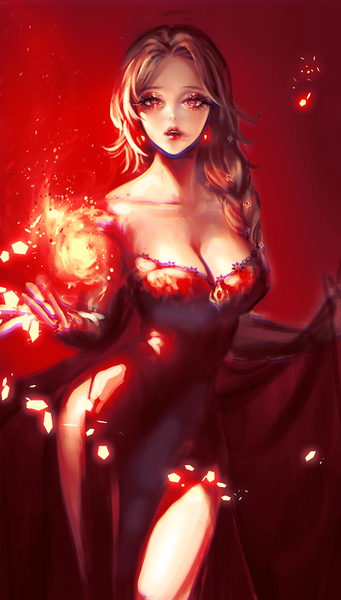 Anime picture 650x1142 with frozen (disney) disney elsa (frozen) 'o'ne (ekdlem1) single long hair tall image breasts open mouth light erotic simple background blonde hair red eyes large breasts bare shoulders cleavage braid (braids) lipstick magic side slit