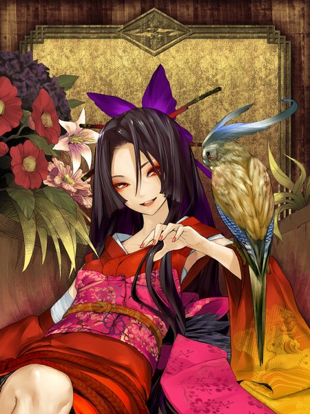 Anime picture 1200x1600 with original kaorihime redjuice long hair tall image black hair red eyes nail polish japanese clothes girl flower (flowers) detached sleeves belt kimono insect butterfly camellia (flower) parrot