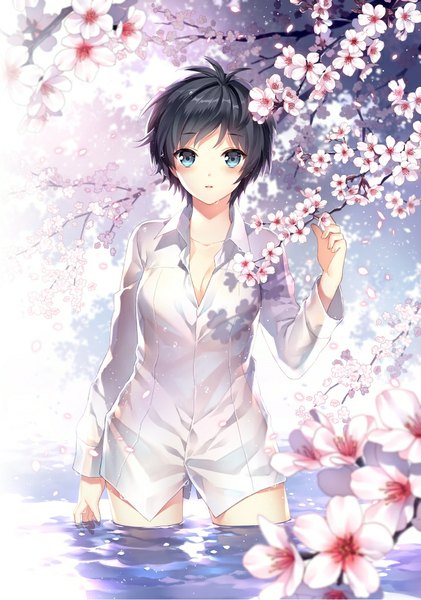 Anime picture 737x1050 with kono koi to sono mirai oda mirai nardack single tall image looking at viewer blush fringe short hair breasts open mouth blue eyes black hair standing sunlight cherry blossoms spring girl flower (flowers) plant (plants)