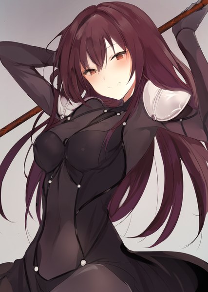 Anime picture 700x984 with fate (series) fate/grand order scathach (fate) (all) scathach (fate) lpip single long hair tall image looking at viewer fringe breasts light erotic black hair smile hair between eyes brown eyes head tilt midriff covered navel spread arms