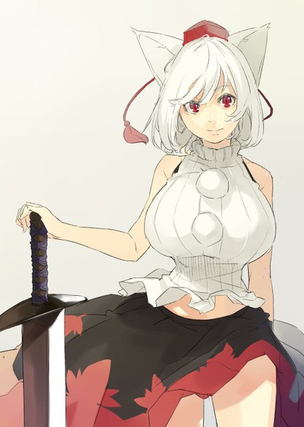 Anime picture 1000x1400 with touhou inubashiri momiji muneneko single tall image looking at viewer fringe short hair breasts light erotic simple background red eyes large breasts bare shoulders white hair wind grey background bare belly skirt lift wolf girl