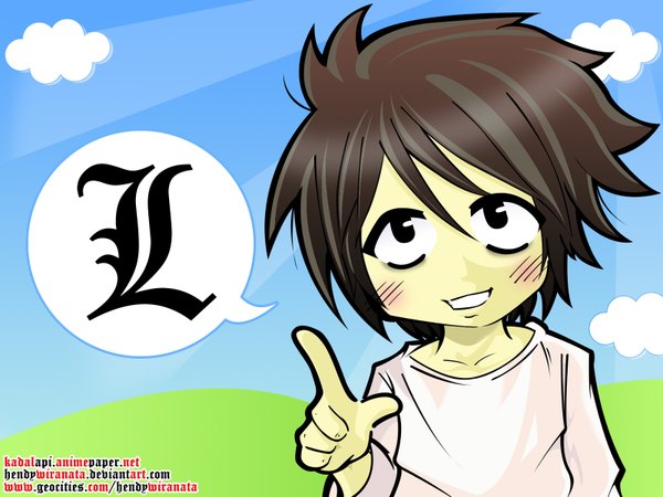 Anime picture 1600x1200 with death note madhouse l (death note) single blush short hair black hair smile signed black eyes inscription chibi vector boy