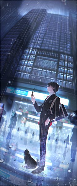 Anime picture 467x1122 with persona 5 persona amamiya ren morgana (persona 5) j 315 (jean) tall image short hair black hair standing full body outdoors profile night night sky solo focus rain eyewear removed boy uniform school uniform