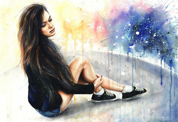 Anime picture 1024x702 with original tanyashatseva (artist) single long hair black hair sitting eyes closed nail polish girl socks shoes white socks sneakers