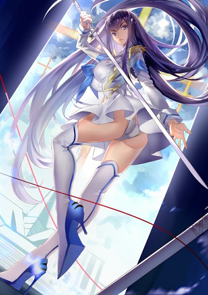 Anime picture 800x1131 with kill la kill studio trigger kiryuuin satsuki miyazaki byou single long hair tall image looking at viewer fringe blue eyes light erotic blue hair full body ass girl skirt uniform underwear panties weapon