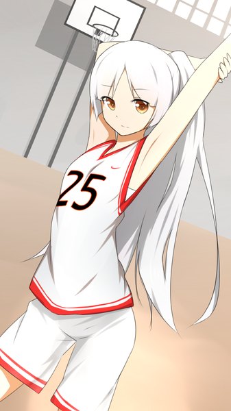 Anime picture 720x1280 with original ninnzinn single long hair tall image fringe yellow eyes white hair ponytail arms up armpit (armpits) clothes writing basketball girl uniform gym uniform basketball uniform