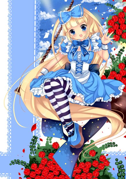 Anime picture 1414x2000 with alice in wonderland alice (wonderland) usagihime long hair tall image open mouth blue eyes blonde hair very long hair loli girl thighhighs dress flower (flowers) striped thighhighs