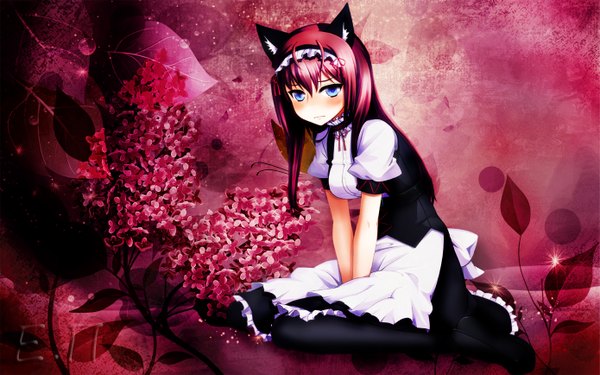 Anime picture 2777x1736 with steins;gate white fox makise kurisu single long hair looking at viewer blush highres blue eyes wide image sitting animal ears red hair cat ears maid girl headdress maid headdress