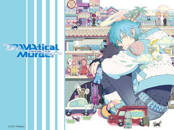 Anime picture 1600x1200 with dramatical murder nitro+chiral aoba (dmmd) ren (dmmd) honya lala single long hair looking at viewer fringe smile sitting yellow eyes blue hair game cg inscription official art boy animal toy dog