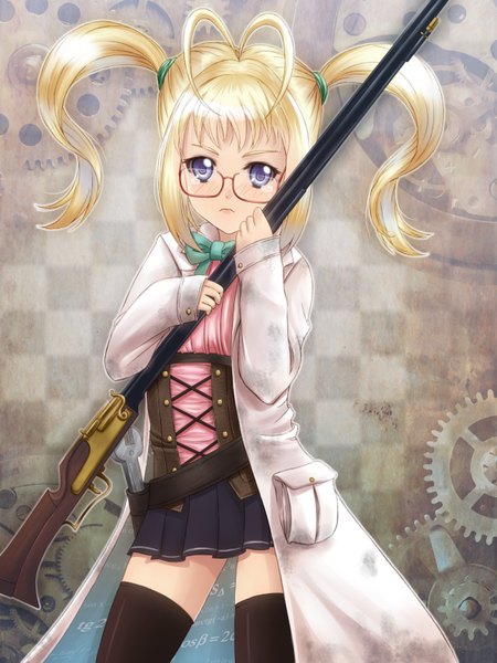 Anime picture 2400x3200 with original sawwei005 single long hair tall image looking at viewer blush highres blue eyes blonde hair twintails girl thighhighs weapon black thighhighs glasses gun gears