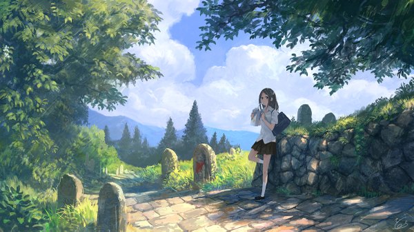 Anime picture 1200x675 with original you shimizu single long hair black hair wide image sky cloud (clouds) bent knee (knees) pleated skirt black eyes shadow mountain drinking girl skirt plant (plants) miniskirt shirt tree (trees)