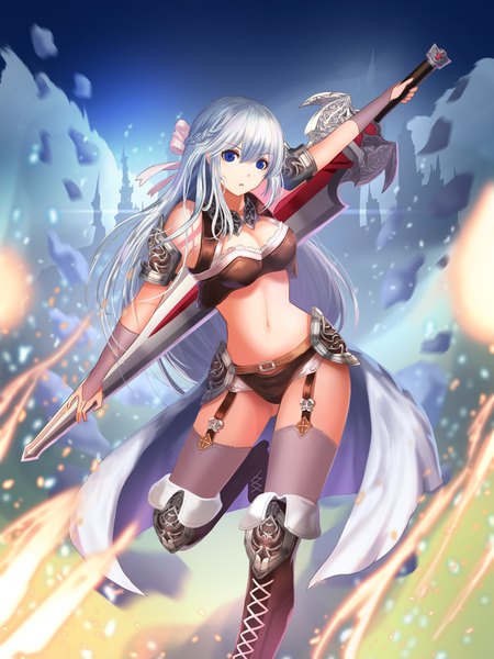 Anime picture 3000x4000 with original gya (144) single long hair tall image looking at viewer fringe highres blue eyes light erotic hair between eyes standing bare shoulders payot silver hair braid (braids) bare belly :o shadow standing on one leg
