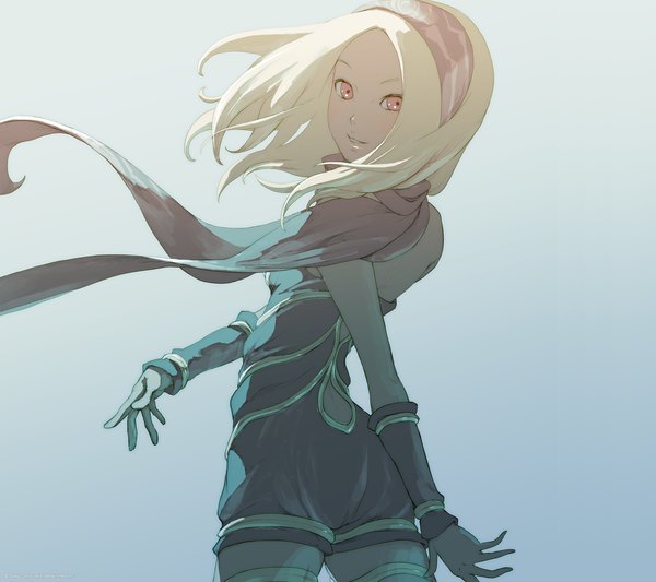 Anime picture 2160x1920 with gravity daze kat (gravity daze) saitou shunsuke single long hair looking at viewer highres simple background blonde hair smile red eyes standing bare shoulders parted lips head tilt looking back lips from behind grey background leaning