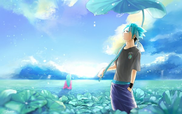 Anime picture 950x600 with shaman king xebec usui horokeu usui pirica shocochample long hair holding blue hair sky multicolored hair from behind two-tone hair back looking up mountain hand in pocket brother and sister girl boy leaf (leaves)