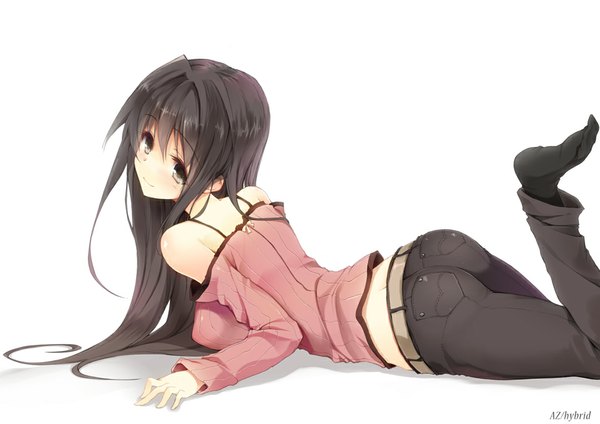 Anime picture 970x686 with original won (az hybrid) single long hair looking at viewer black hair simple background white background signed ass lying grey eyes on stomach girl socks black socks pants blouse