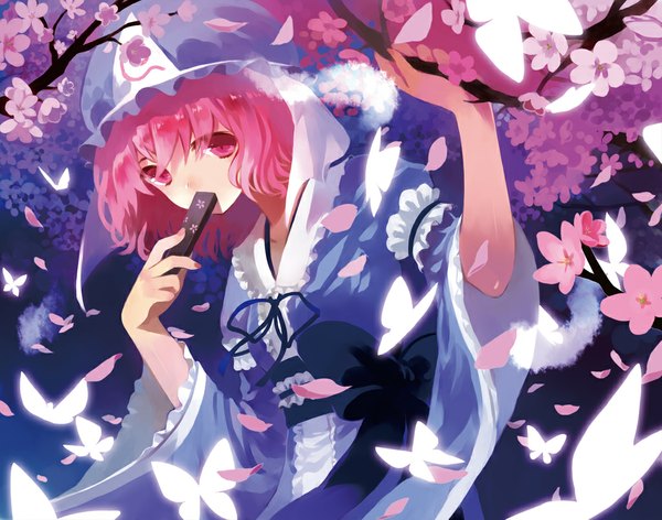 Anime picture 1024x807 with touhou saigyouji yuyuko moekon single short hair looking away pink hair nail polish pink eyes wind cherry blossoms girl dress petals insect butterfly bonnet branch closed fan