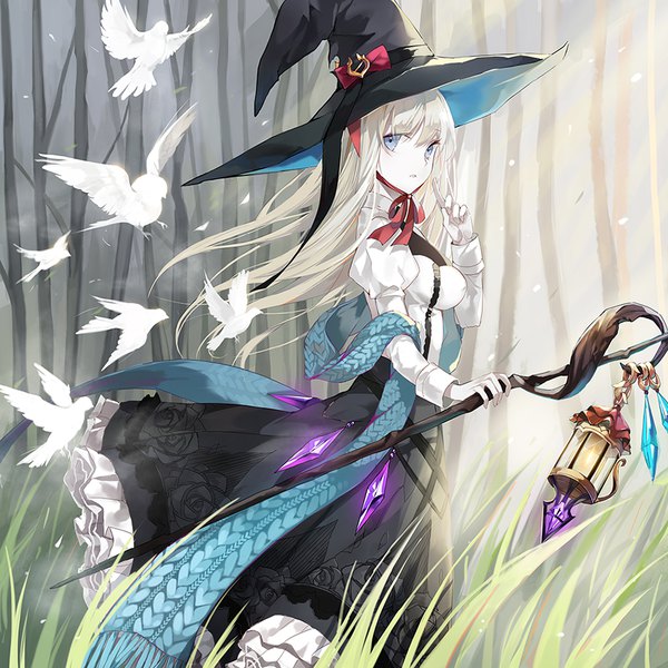 Anime picture 950x950 with original emyo single long hair looking at viewer fringe blue eyes blonde hair hair between eyes puffy sleeves walking girl plant (plants) hat animal tree (trees) scarf bird (birds) grass witch hat