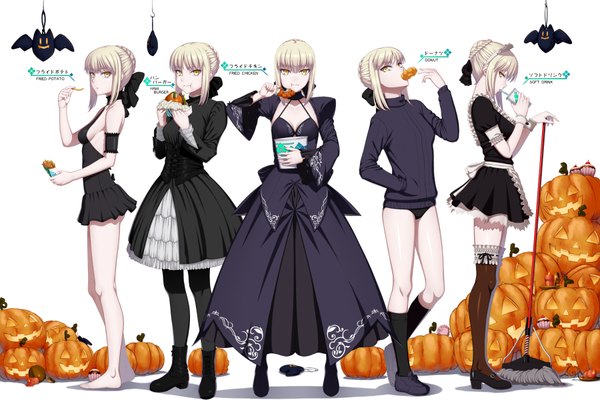 Anime picture 1800x1230 with fate (series) fate/stay night artoria pendragon (all) saber saber alter amase (yagami666) highres short hair light erotic blonde hair white background multiple girls yellow eyes maid halloween eating multiple persona girl dress uniform