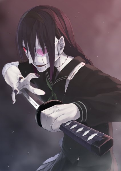Anime picture 1200x1697 with original haruba negi single long hair tall image smile red eyes brown hair holding nail polish pleated skirt torn clothes scar pale skin girl skirt uniform ribbon (ribbons) weapon hair ribbon